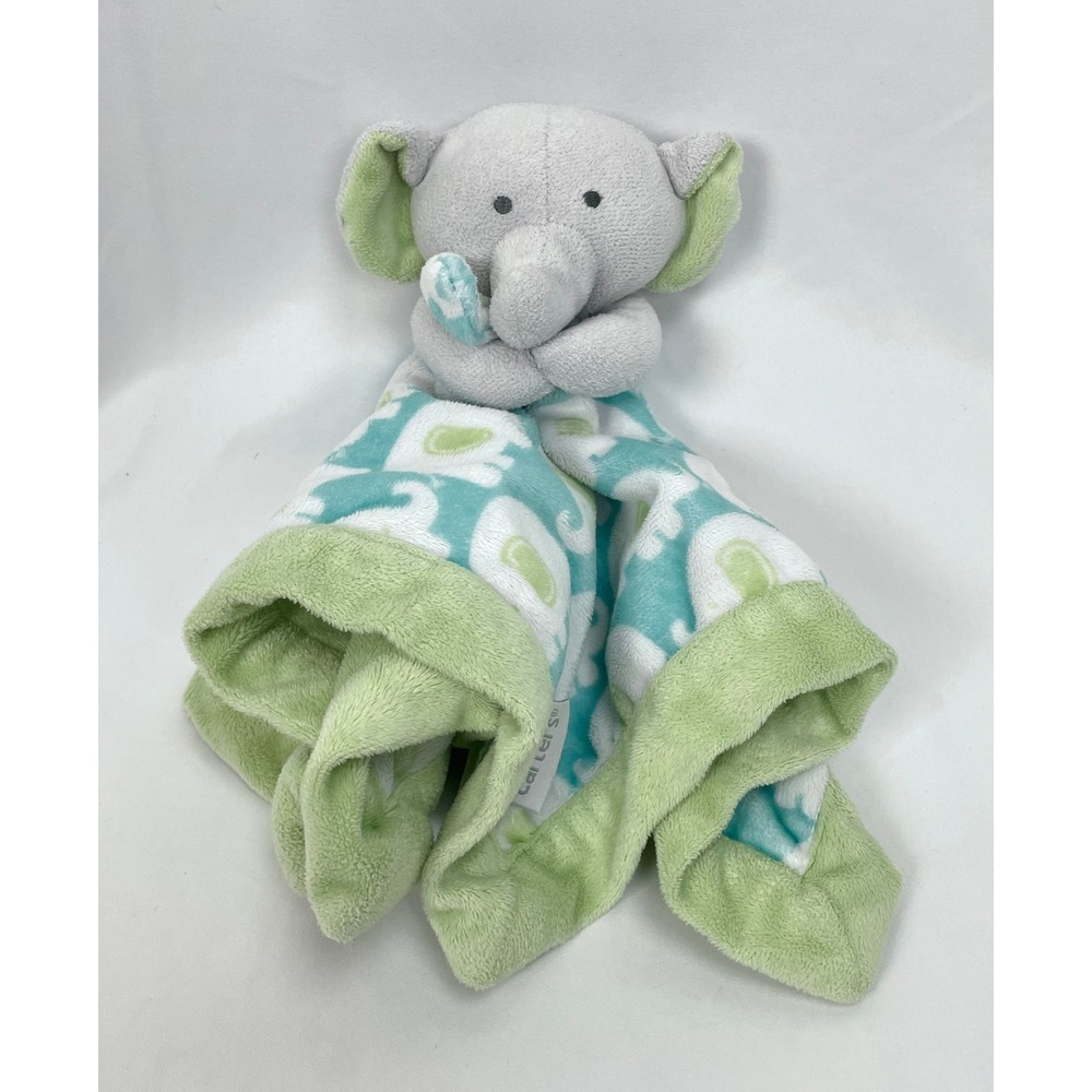 Carter's Gray Plush Elephant‎ Lovey Green Security Blanket Baby